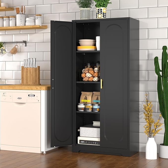 60" Tall Kitchen Pantry Cabinet, Metal Pantry Cabinet with Doors and Adjustable Shelves, Black Utility Storage Cabinet with Handles for Dining Room, Bathroom, Laundry Room - Assemble Required-CasaMuseHome