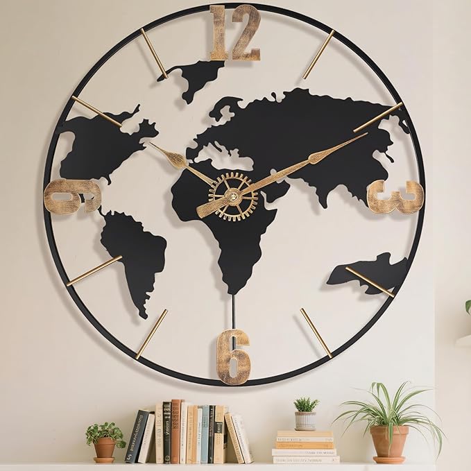 30 Inch Large Modern Decorative Metal World Map Wall Clocks Giant Extra Vintage Gold Arabic Numeral Oversized Wall Clock for Living Room,Office,Dining Room,Entryway,Fireplace-CasaMuseHome