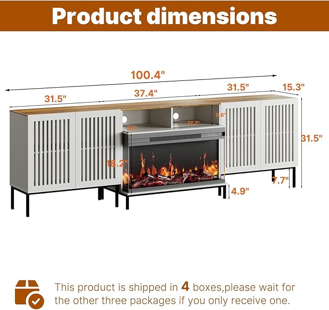 3-Sided Glass Farmhouse Fireplace TV Stand for TVs Up to 100 Inch, Entertainment Center with 36" Electric Fireplace, TV Console with Storage Cabinets for Living Room, Antique White-CasaMuseHome