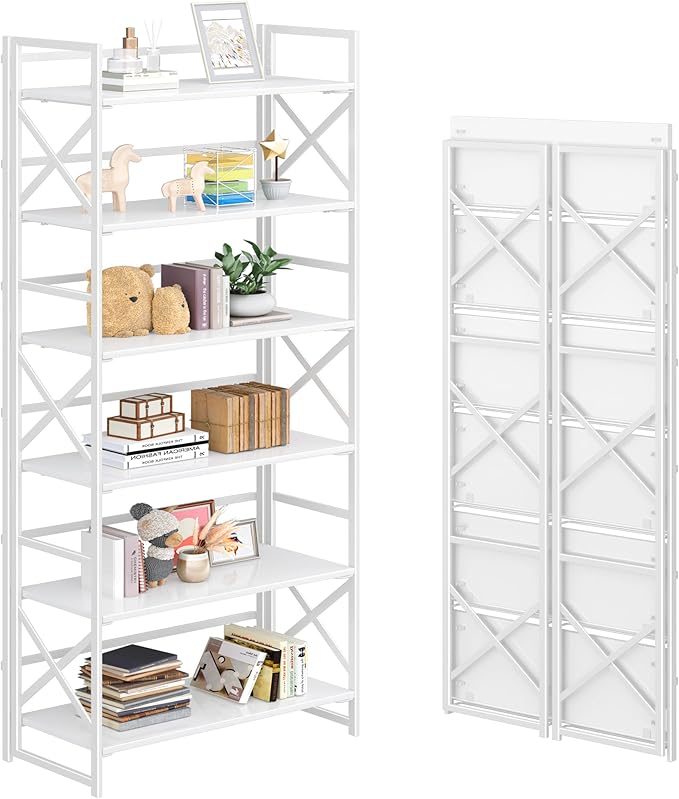 4NM 6 Tiers No Assembly Book Shelves, 61.8" H Folding Bookshelf Bookcase Open Industrial Foldable Shelves for Bedroom, Living Room, Home Office - All White-CasaMuseHome