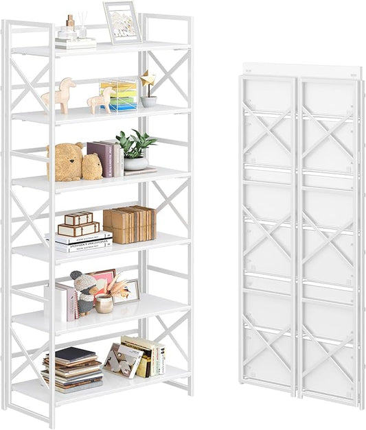 4NM 6 Tiers No Assembly Book Shelves, 61.8" H Folding Bookshelf Bookcase Open Industrial Foldable Shelves for Bedroom, Living Room, Home Office - All White-CasaMuseHome