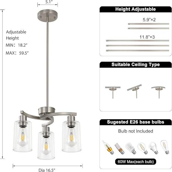 3-Light Brushed Nickel Dining Room Light Fixture,Modern Kitchen Chandeliers Over Table，Adjustable Height Industrial Hanging Pendant Lights for Kitchen Island with Glass Shade-CasaMuseHome