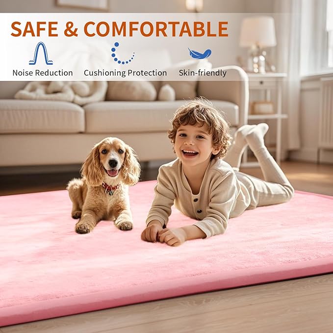 ACOMOPACK Baby Play Mat for Floor,1.3" Thick Memory Foam Area Rug for Living Room,Soft Velvet Crawling with Non-Slip Bottom for Kid,Toddler,59"×71" Tummy Time Nursery Rugs,Yoga（Pink）-CasaMuseHome