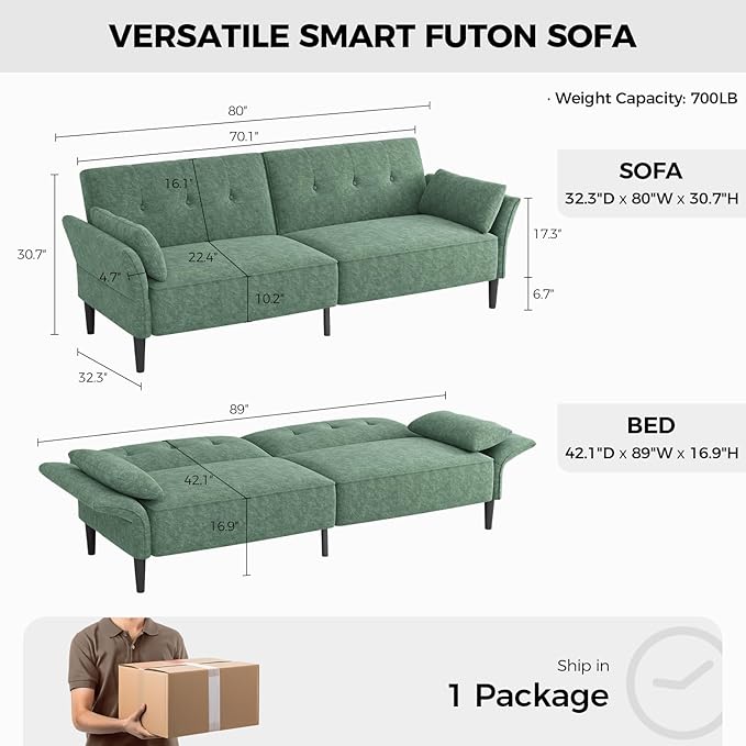 89” Futon Sofa Bed, Comfy Futon Couch Bed with 2 Square Pillows, Convertible Sleeper Sofa with Adjustable Backrest& Armrests, Modern Loveseat Sleeper for Living Room, Bedroom,Light Green-CasaMuseHome
