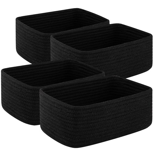 4 Pack Small Storage Shelf Baskets for Organizing, Mini Woven Rope Storage Bins for Towels, Cute Decorative Closet Organizer，Baby Nursery, Gift Empty Baskets -11.81''Lx7.87''Wx4.72''H-Black-CasaMuseHome