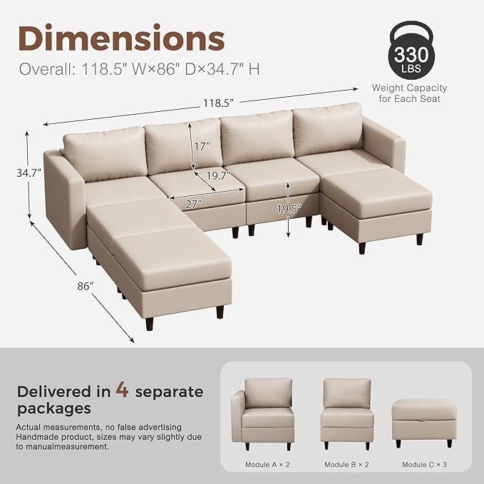 118.5" Faux Leather Modular Sectional Sofa, 7 Seater U Shaped Couch with Storage Seat with Reversible Chaise Deep Seat for Living Room Whitesand-CasaMuseHome