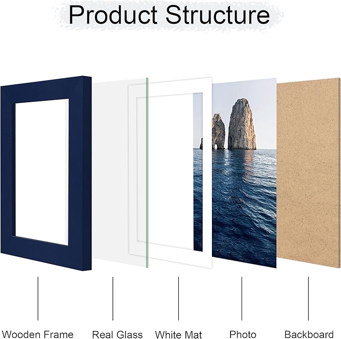 5x7 Picture Frame Set of 4, 5 x 7 Wood Photo Frames with Mat for 4x6, Natural Wooden Frame with Real Glass Cover for Wall and Tabletop Display,Blue-CasaMuseHome