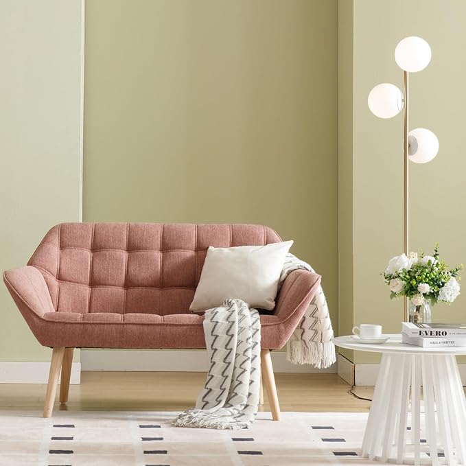48”Small Loveseat Sofa, Modern Linen Upholstered Mini Couch 2-Seater Fluffy Love Seat with Quilting Backs and Wood Legs for Small Space Living Room, Bedroom, Pink-CasaMuseHome