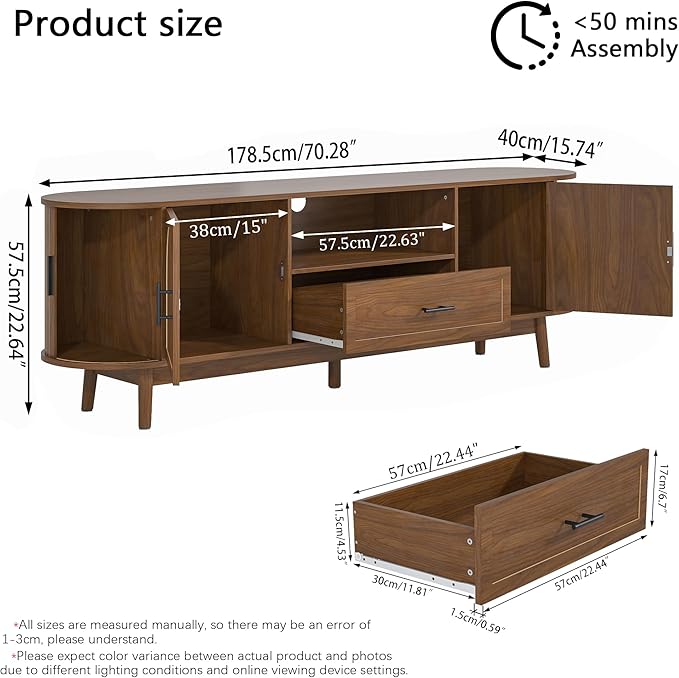 70" Fluted TV Stand for Tvs up to 80", Mid-Century Modern Entertainment Center with Drawers and Fluted Doors, Curved TV Media Console Table with Sliding Doors for Living Room, Bedroom (70")-CasaMuseHome