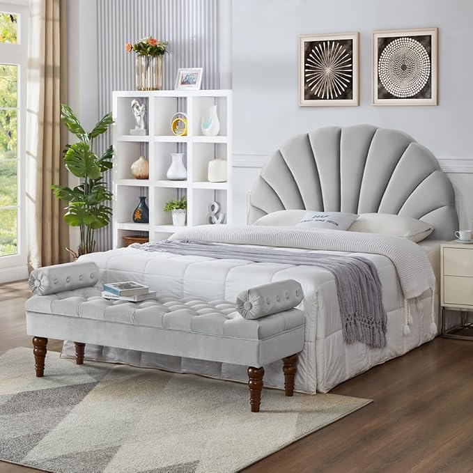 24KF Stunning Crown Design Queen Headboard, Upholstered Soft Velvet Petal Pattern Headboard Queen/Full-Q-Gray-CasaMuseHome