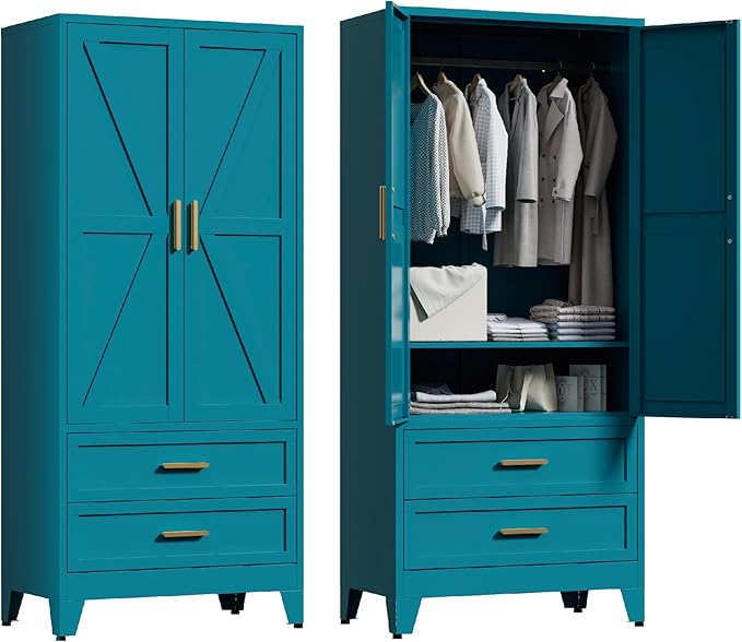 71'' Farmhouse Metal Wardrobe Cabinet with Hanging Rod, 2 Barn Door Wardrobe Closet with Adjustable Shelves,2 Drawer,for Dining Room,Bedroom,Living Room, Cloak Room,Office (Peacock Blue)-CasaMuseHome