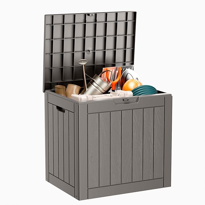31 Gallon Resin Deck Box, Lockable Patio Outdoor Storage Box for Furniture, Garden Tools and Tools Storage, Waterproof Outside Storage Boxes - Grey-CasaMuseHome
