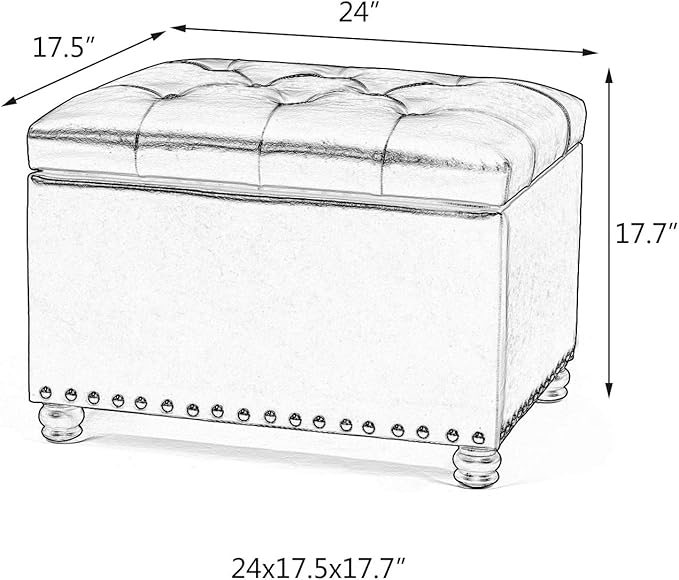 24'' Leather Storage Ottoman Rectangular Foot Rest Stool with Nailhead Trim for Bedroom Living Room(Red)-CasaMuseHome
