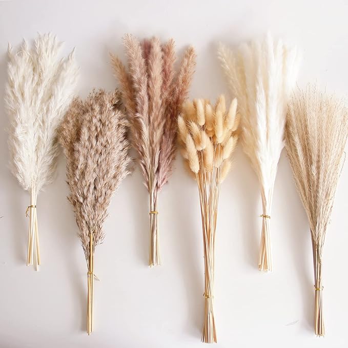 110 PCS Dried Pampas Grass Bouquet, Boho Table Decor, Bunny Tails Dried Flowers, Brown Pompas, White Pampas Grass for Wedding, Home, Rustic Party, Baby Shower Decorations-CasaMuseHome