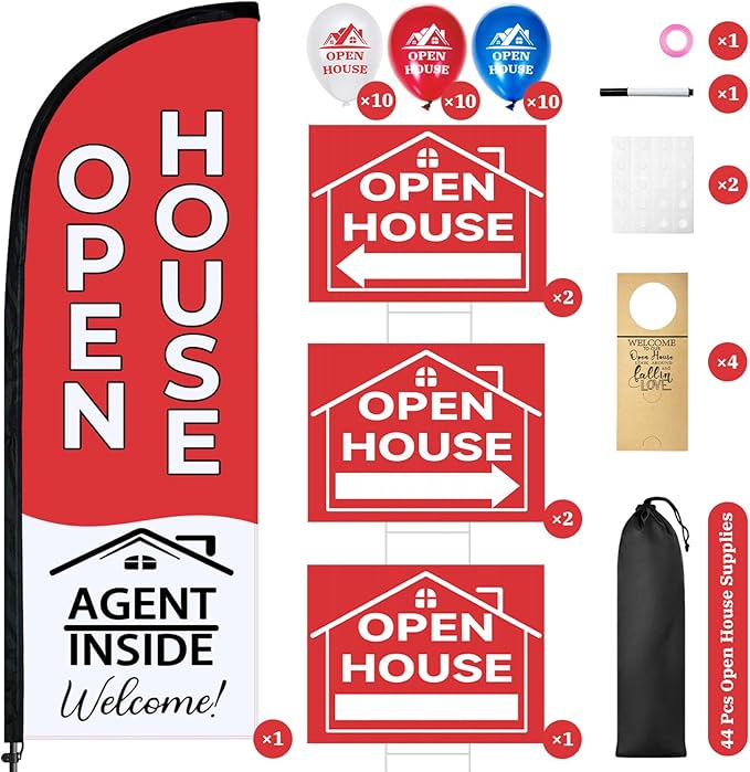 44 Pcs Open House Signs for Real Estate Agent Supplies, Double Sided Open House Flag with Poles Kit, 7.6 x 5.4 Ft Red Opening Sign Banner Set, 5 Pack Yard Signs with Metal Stakes 30 Balloons-CasaMuseHome