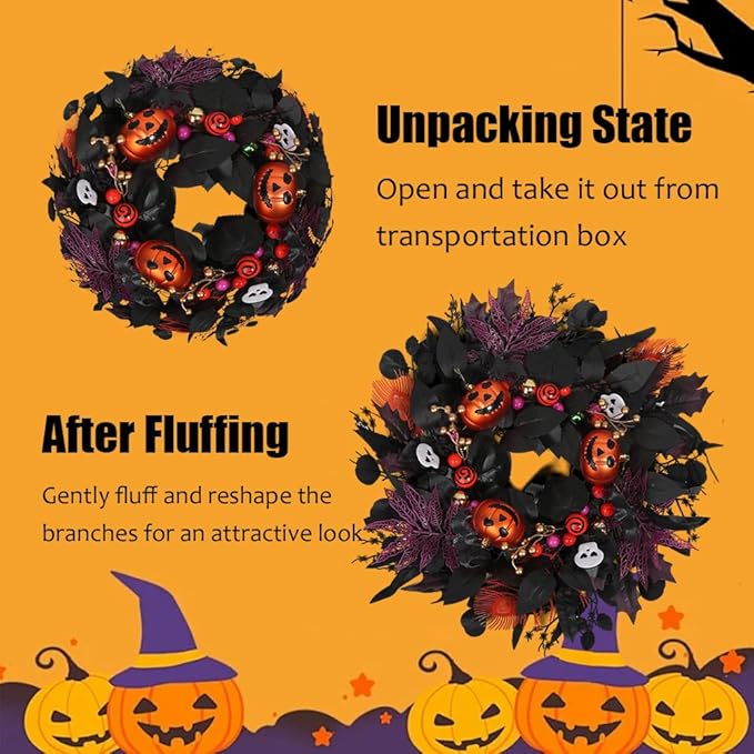 24" Glitter Halloween Wreath Outdoor - Sparkly Balls, Skulls, Bat, Skeleton, Pumpkin on Black Twig | Front Door Outside Goth Decor for Spooky Night-CasaMuseHome