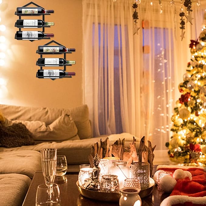 2Pcs Wall Mounted Wine Stemware Rack, Metal Hanging Wine Glass Display Holde Holds 3 Bottles, Elegant Storage for Kitchen Dining Room Bar Wine Cellar-CasaMuseHome