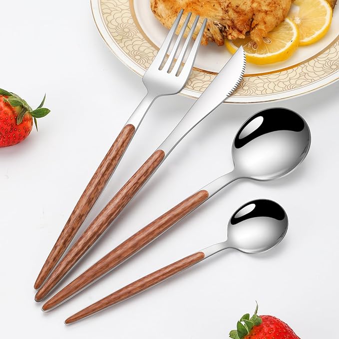 16 PCS Silverware Set for 4,Stainless Steel Flatware Cutlery Eating Utensils Set with Wood Grain Handle,Steak Knives Forks and Spoons for Home,Party,Mirror Polished and Dishwasher Safe-CasaMuseHome