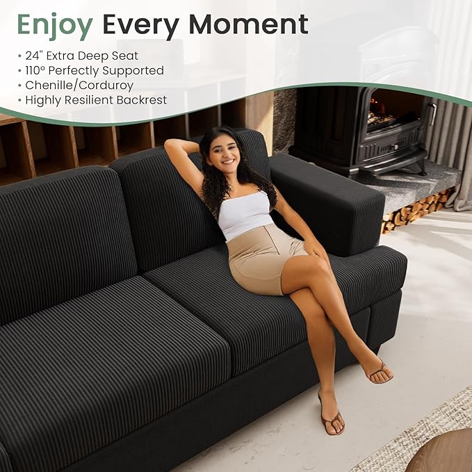 3 Pieces Corduroy Couch Set for Living Room, 7 Seats Cloud Sofa, Deep Seat Floor Couch for Bedroom, Futon Modern Sofa Sectional Bed, Black Corduroy-CasaMuseHome