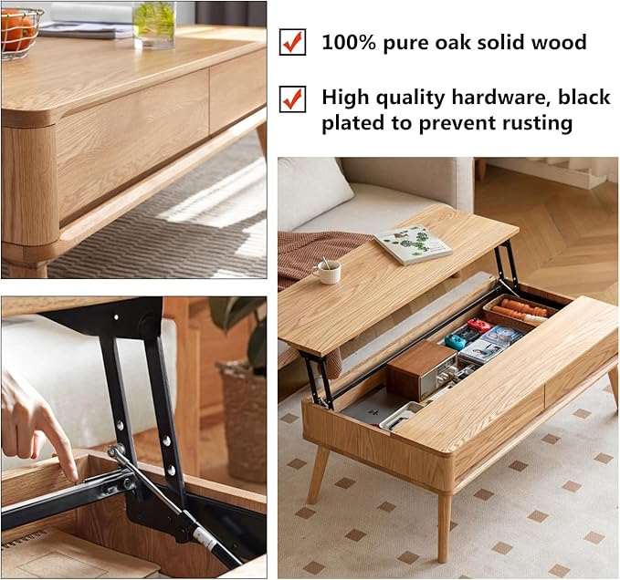 100% Solid Wood Lift Top Coffee Table for Living Room, Mid Century Modern Tables with Drawers and Large Storage, Oak Coffee Tables for Small Spaces (Oak Wood Log, 39.37" W x 21.65" D x 25.59" H)-CasaMuseHome