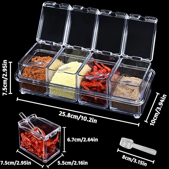 4 PCS Seasoning Box, Clear Spice Containers with Spoon, Acrylic Toppings Containers with Lids, Kitchen Multi Spice Box for Salt, Sugar, Pepper, Garlic Powder-CasaMuseHome
