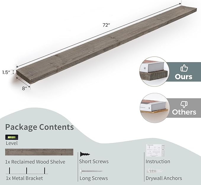 72 inch Floating Shelves for Wall, 8" Deep Rustic Reclaimed Barnwood Shelves, Floating Shelf Wall Hanging Shelves with Invisible Heavy-Duty Metal Bracket | Wall Mounted | Farmhouse Style, 1PC,Grey-CasaMuseHome