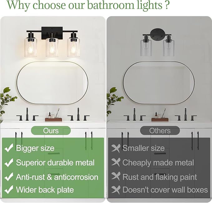 3 Light Bathroom Light Fixtures, Matte Black Modern Vanity Lights with Clear Glass Shade, Bathroom Wall Lamp for Mirror Kitchen Living Room Hallway Cabinet Porch-CasaMuseHome