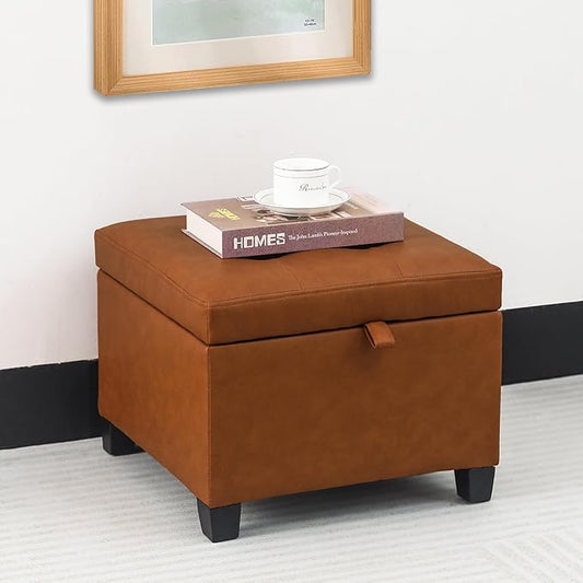 Adeco 17.5" Faux Leather Storage Ottoman with Hinged Lid, 14 Inch High Square Cube Foot Stool with Storage, Upholstered Vanity Stool with Solid Wood Legs for Living Room, Bedroom, Dorm (Warm Orange)-CasaMuseHome