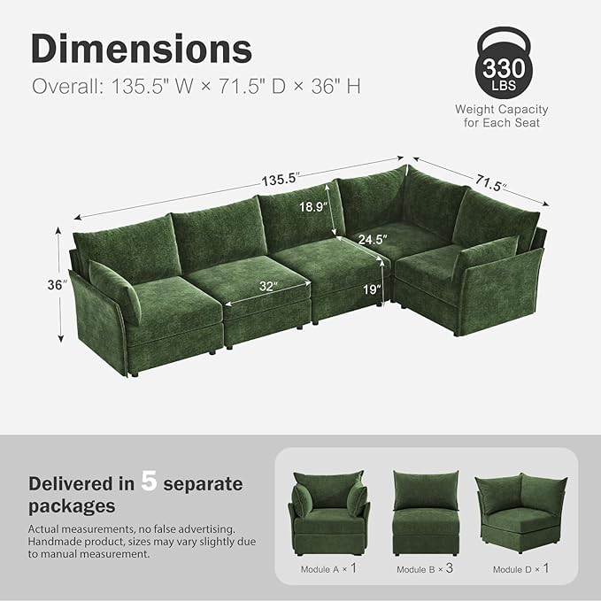 135.5" Oversized Modular Sectional Sofa, L Shaped Convertible Couch with Movable Ottoman, 5 Seat Corner Couches for Living Room Deep Seat Green Chenille-CasaMuseHome
