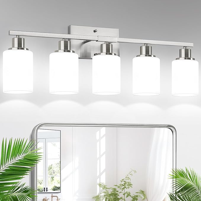 5-Light Brushed Nickel Bathroom Vanity Light with Milky White Frosted Glass Shades, Modern Bathroom Light Fixtures, Up/Down Reversible Lighting for Mirror, Bedroom, Kitchen, Living Room, Hallway-CasaMuseHome