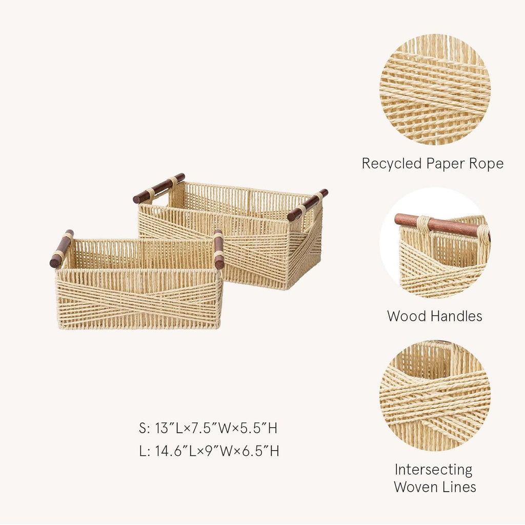 LA JOLIE MUSE Wicker Storage Baskets for Organizing, Recyclable Paper Rope Basket with Wood Handles, Decorative Hand Woven Basket Organizers for Makeup Books Shelves Living Room, Beige, Set of 2