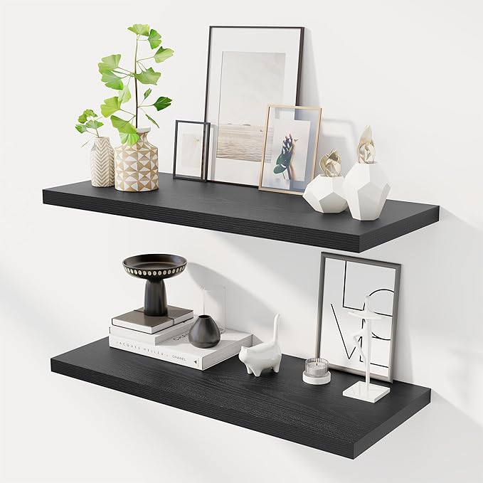 32" Floating Shelves for Wall, 12" Deep Slim Black Floating Shelves, Wall-Mounted Shelves for Bedroom, Living Room, Kitchen, Bathroom - Set of 2-CasaMuseHome