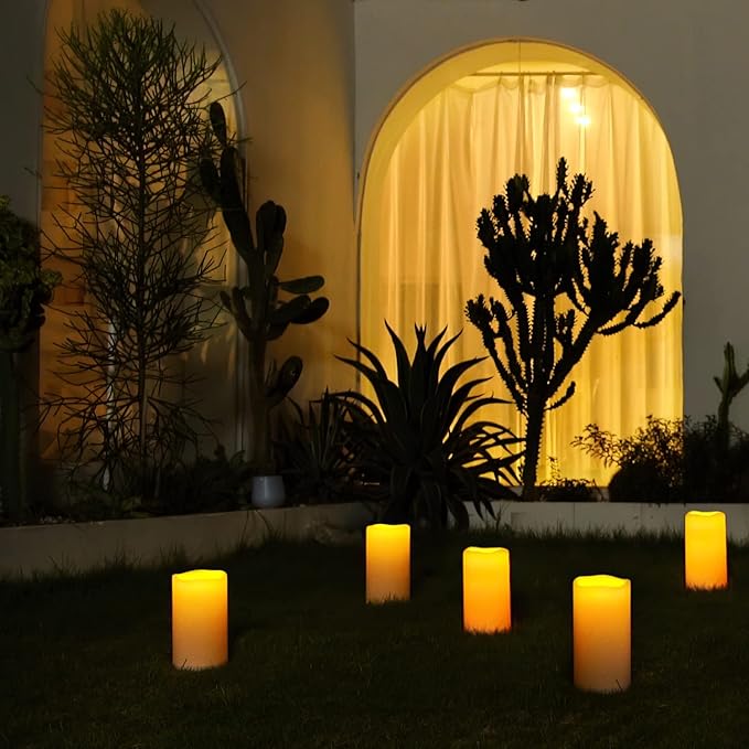 5plots 4" x 8" Single Waterproof Outdoor Flameless Candles, Battery Operated Flickering LED Pillar Candles with Remote and Timers for Indoor Outdoor Lanterns, Long Lasting, Large-CasaMuseHome
