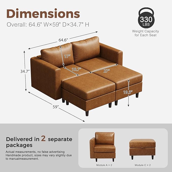 64.6" Faux Leather Loveseat Sleeper Sofa Bed with Storage Seat, Modern Modular Sectional Couch Deep Seat with Reversible Chaise 2-Seat Brown for Apartment, Living Room, Bedroom-CasaMuseHome