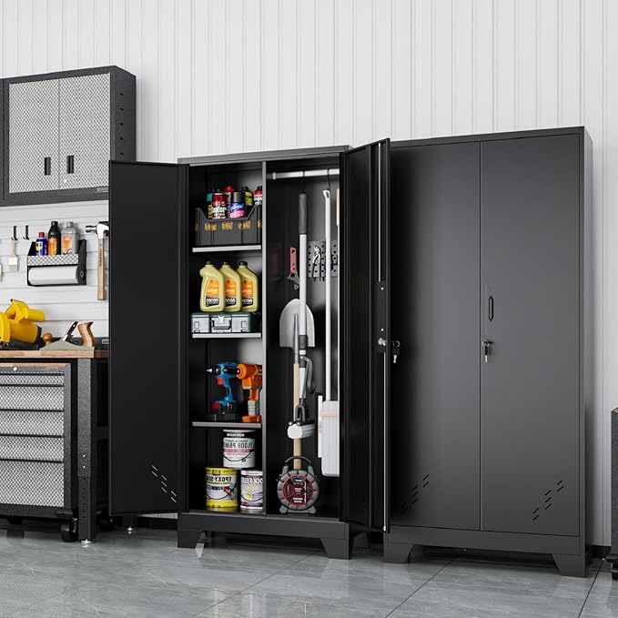 61" H Metal Storage Cabinet, Utility Cabinets with Locking Doors, Laundry Cabinet with Hanging Rod, Garage Tool Storage Cabinets for Home Office, Garage, Bathroom (Black)-CasaMuseHome