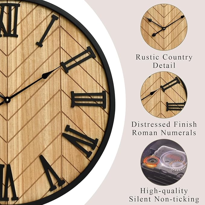 30 Inch Large Wall Clock Farmhouse Style - Brown Silent Non-Ticking Rustic Decor for Living Room, Kitchen, Bedroom-CasaMuseHome