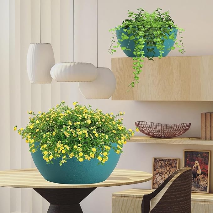 13 inch Large Hanging Planters Plant Pots for Outdoor Indoor Plants with Drainage Holes and Chain, 2 Pack Round Hanging Flower Pots for Garden Home Porch Decor, Blue Green-CasaMuseHome