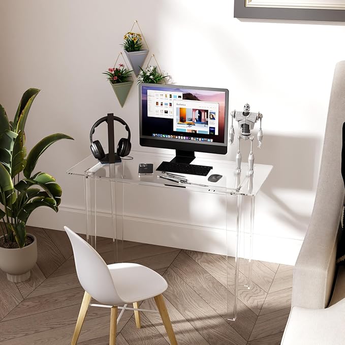 Acrylic Desk, Modern Study Table for HomeOffice-Extended Surface Multi-Purpose Console & EntrywayTable, Sturdy Lightweight Design (42.5-inch, Transparent)-CasaMuseHome