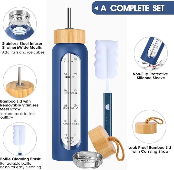 32 oz Glass Water Bottle with Straw - Motivational Time Marker & Silicone Sleeve - Reusable Tumbler Includes 2 Bamboo Lids & Fruit Infuser - 1 Pack-CasaMuseHome