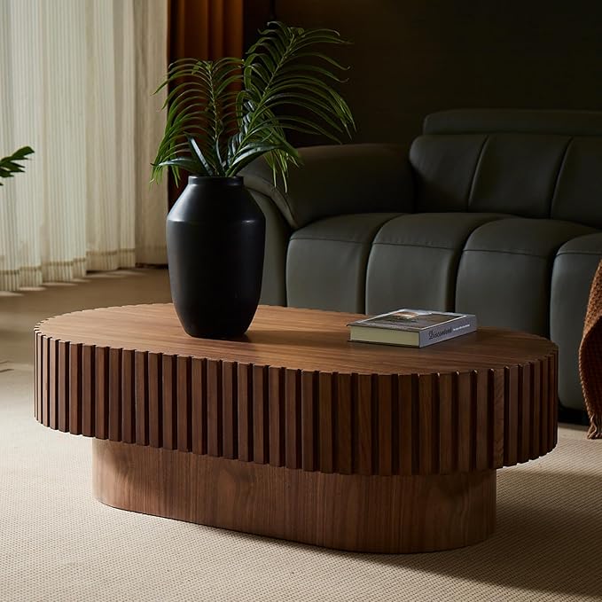 43.7" Oval Coffee Table for Living Room,Modern Handcraft Drum Coffee TableSmall Wooden Coffee Table with Sturdy Pedestal Easy Assembly for Office-Walnut-CasaMuseHome