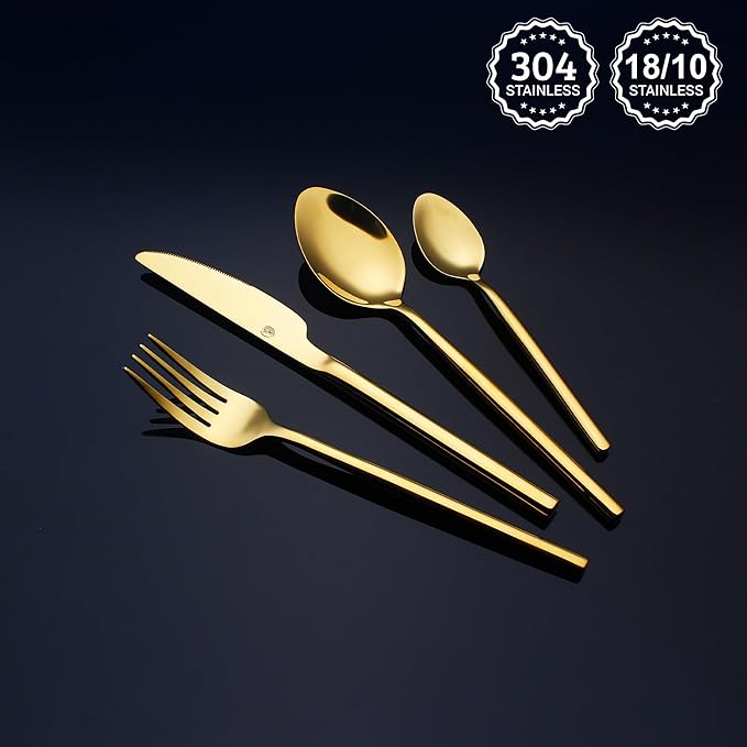 24 Piece Silverware Set For 6 Gold Heavy duty 18/10 Stainless Steel Flatware Set Modern Design Knife/Fork/Spoon Mirror Polished Dishwasher Safe Cutlery Set with Gifts-CasaMuseHome