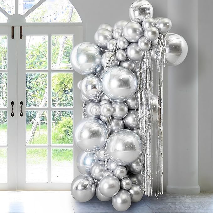 130pcs Metallic Silver Balloons Different Sizes 18" 12" 10" 5" Chrome Silver Balloon Garland Arch Kit for Graduation Birthday Baby Shower Wedding Anniversary New Year Party Decorations-CasaMuseHome