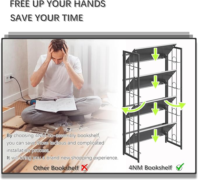4NM No Assembly 4 Tiers Folding Bookshelf, 47.2" H Foldable Storage Shelves Vintage Bookcase Standing Racks Study Organizer Home Office - All Black-CasaMuseHome