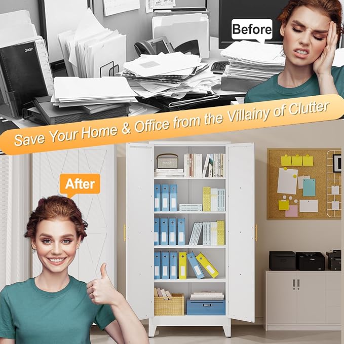 71" H Metal Kitchen Pantry Storage Cabinet, Freestanding Cupboard with 2 Doors and 4 Adjustable Shelves, Standing Storage for Kitchen, Bathroom, Garage, Dinning Room or Utility Room（White）-CasaMuseHome