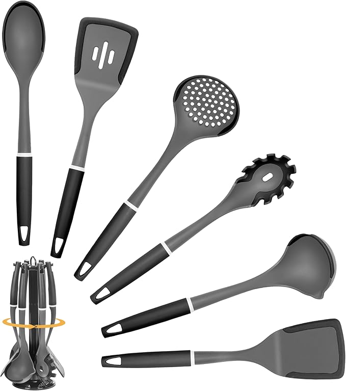 6-Piece Silicone Kitchen Utensil Set with Rotating Stand, Non-Stick, Heat-Resistant (400°F), Nylon Handle, Cooking Spatula Set for Baking & Cooking, Light Gray-CasaMuseHome