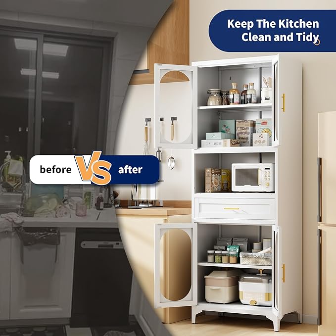 75” Tall Kitchen Pantry Storage Cabinet, Metal Storage Cabinet with 1 Drawer and Adjustable Shelves, Kitchen Pantry Cupboard, Freestanding Cupboard for Bathroom, Living Room (White-Glass Door)-CasaMuseHome