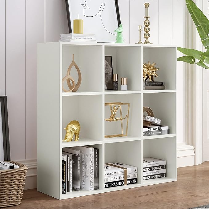 9-Cube Storage Shelf Bookcase - Wooden 3-Tier Floor Standing Open Bookshelf for Home and Office, Display Cabinet, Warm White-CasaMuseHome