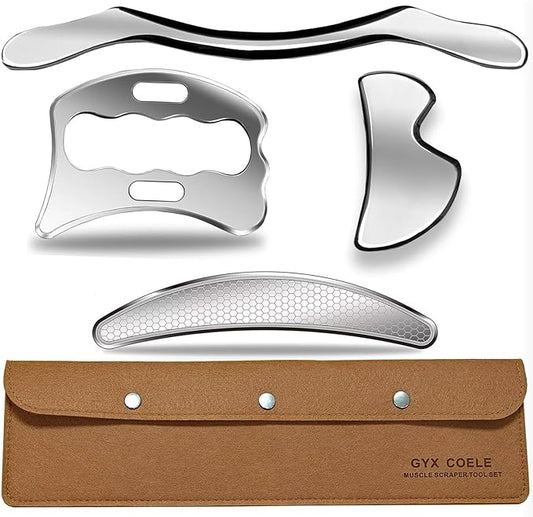 4 in 1 Professional Muscle Scraper Tool Set, Stainless Steel gua sha IASTM Tools with Case, Physical Therapy Massage Tools for Myofascial Release-CasaMuseHome