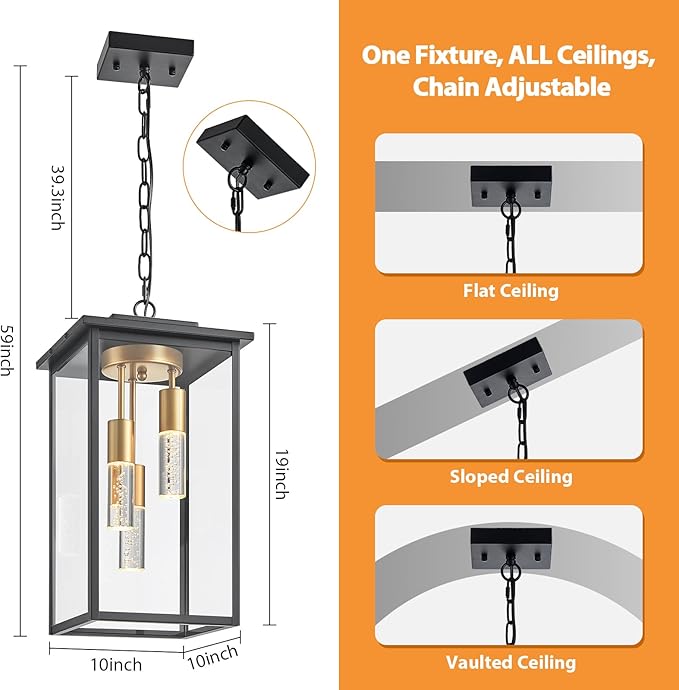 3-Color LED Outdoor Pendant Light with Remote, 3-Light 19" Large Outdoor Chandelier for Porch, Black Gold Exterior Pendant Lighting Fixtures Ceiling Mount Pendant Lantern for Patio Front Door-CasaMuseHome