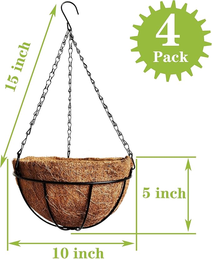 4 Pack 10 inch Metal Hanging Planters Basket with Coco Coir Liner Outdoor-Hanging Baskets for Plants Outdoor,Metal Wire Baskets with Window Box Planters, Hanging Flower Pots for Railings-CasaMuseHome
